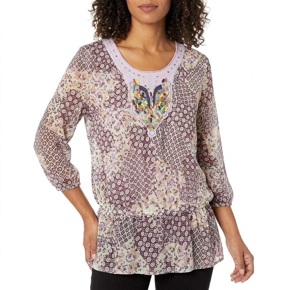GEISHA GT-1206K Patchwork Chiffon 3/4 Beaded Tunic See Measurements